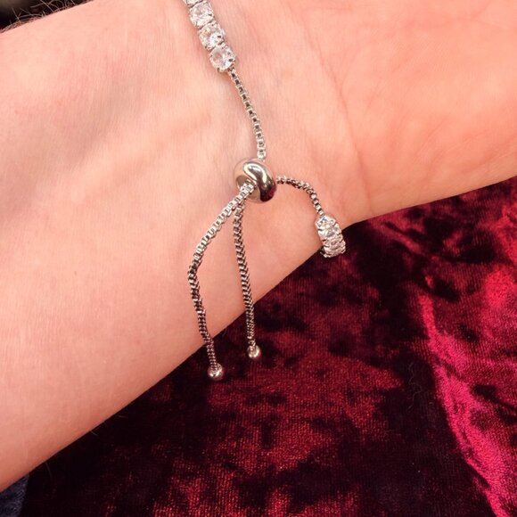 Slider Tennis Bracelet Sterling Overlay Adjustable Made with Swarovski Crystals - Picture 10 of 13